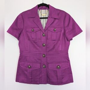 Trina Turk Satin Purple Blazer Style Short Sleeve Button Up Utility Sz 10